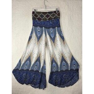 Womens Boho Peacock Print Harem Pants M Blue Wide Leg Gypsy Festival Hippie S/M